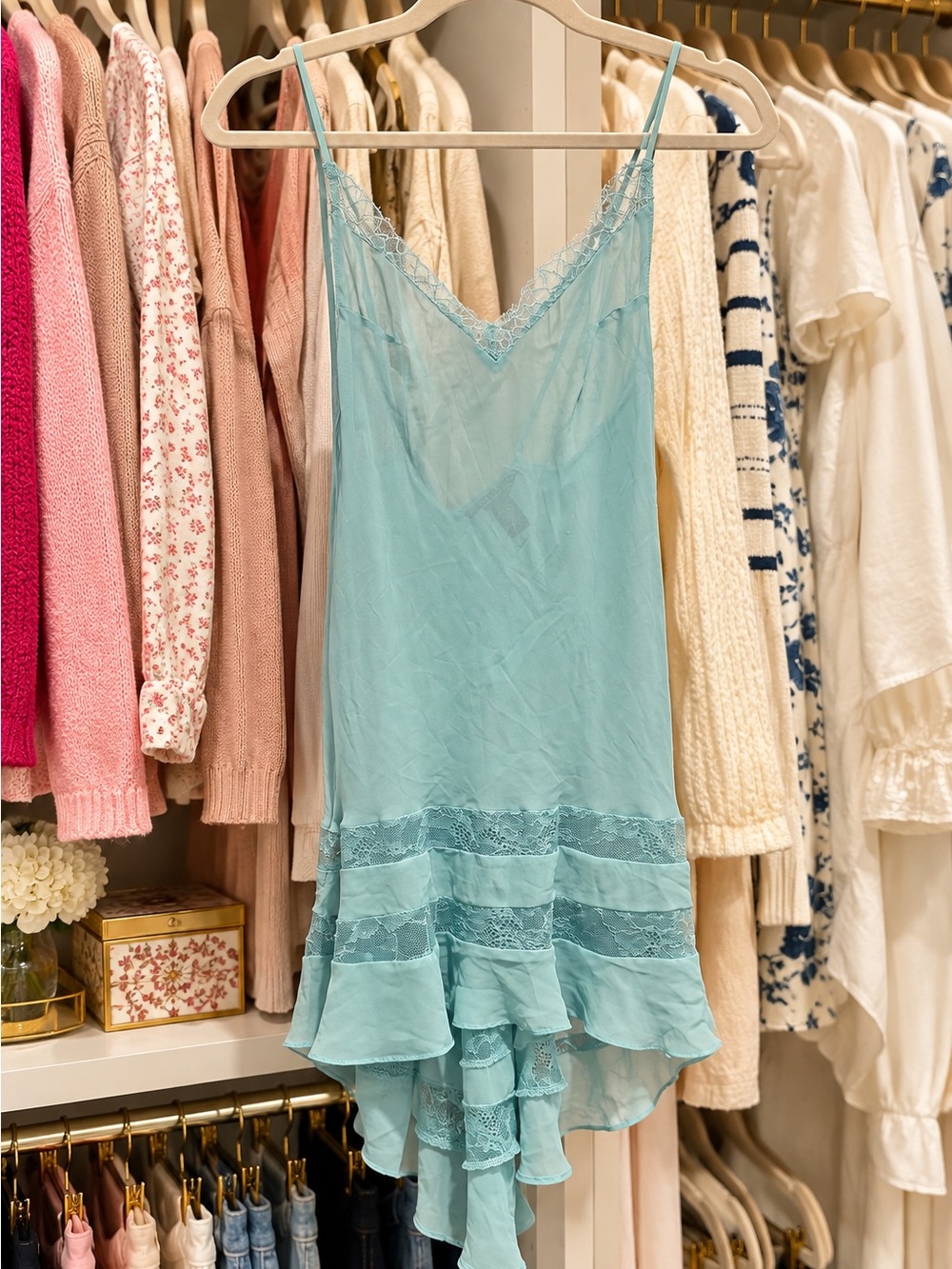 Victoria’s Secret Aqua Blue Lace Trim High-Low Slip Dress XS